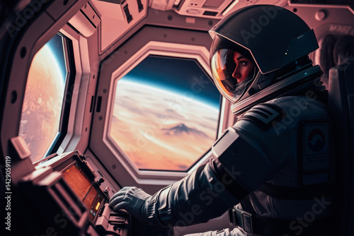Astronaut in Spaceship Viewing Martian Landscape