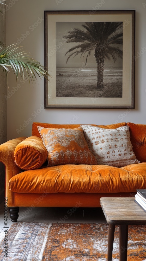 Fototapeta premium Orange sofa with pillows and framed artwork in a living room setting.