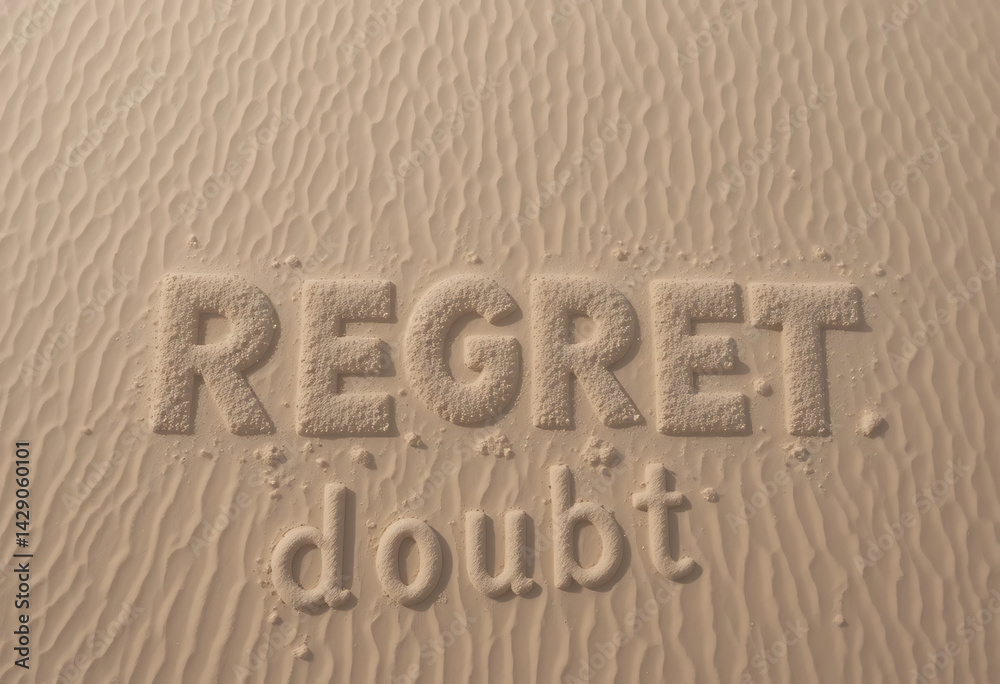 Words formed in sand illustrate feelings of regret and doubt on a sunny beach during early morning hours
