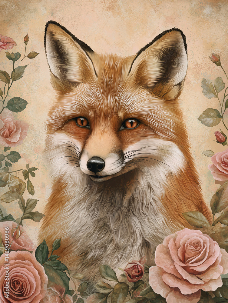 Fototapeta premium Portrait of fox in vintage style