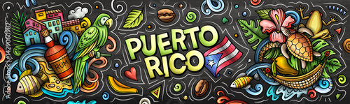 Puerto Rico cartoon doodle vector color banner chalkboard design. Funny Puerto Rican whimsical illustration. Caribbean tropical elements in a vibrant, playful style