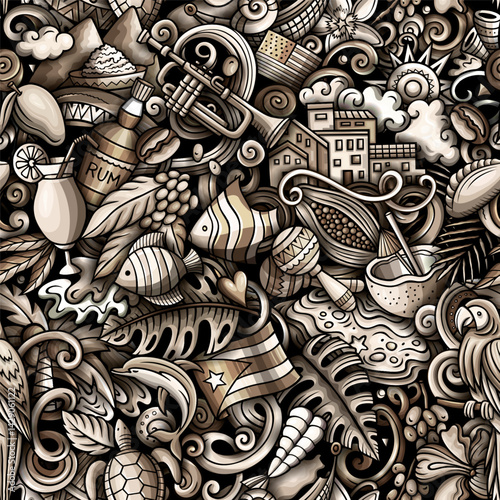Vector background with Puerto-Rican Caribbean culture traditional symbols and items. Monochrome Central American funny seamless pattern