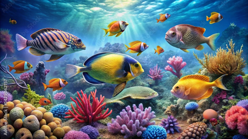 Naklejka premium Vibrant Underwater Scene Featuring a Diverse Array of Colorful Fish and Lush Coral Reefs