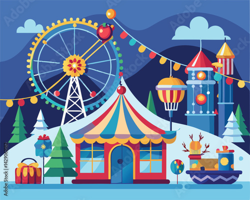 Enchanting Winter Amusement Park. Festive Fun under the Stars