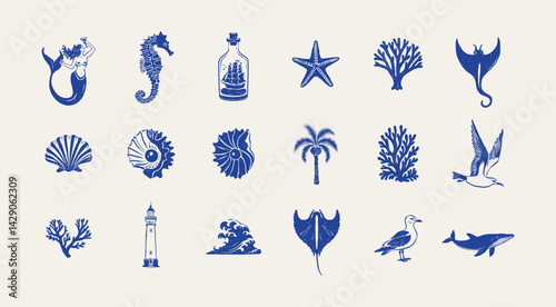 Collection of ocean and sea-themed vector illustrations. Includes waves, marine animals, shells, boats, and underwater elements. Perfect for summer designs and nature projects.