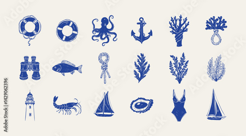 Collection of ocean and sea-themed vector illustrations. Includes waves, marine animals, shells, boats, and underwater elements. Perfect for summer designs and nature projects.