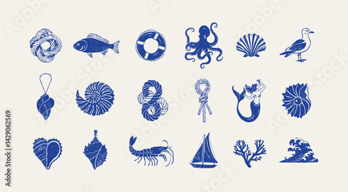 Collection of ocean and sea-themed vector illustrations. Includes waves, marine animals, shells, boats, and underwater elements. Perfect for summer designs and nature projects.