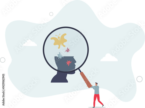 Mental health awareness and emotional inner self care.Psychology or psychotherapy research to help people solve mind problems.flat character life .