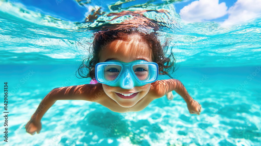 Fototapeta premium Joyful summer adventure of a little girl in crystal clear turquoise waters exploring underwater world