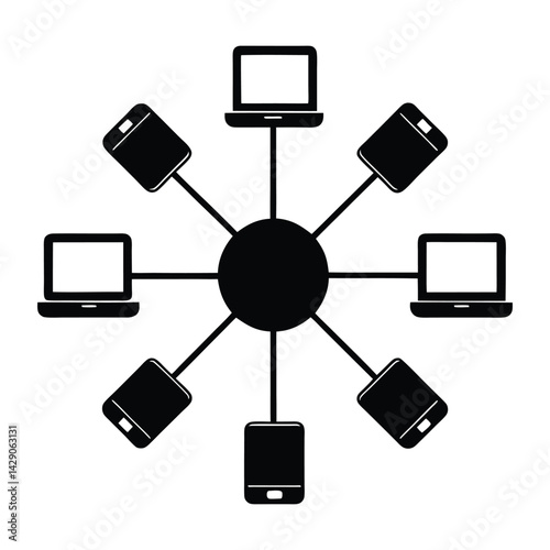 Silhouette of multiple devices connected to a central hub on white background