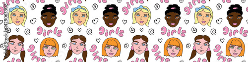 Vector colorful seamless pattern with cartoon faces, heads of women, girls. Friendship theme, girls power. Childish, girlish fun cute texture backdrop. Different and beautiful.
