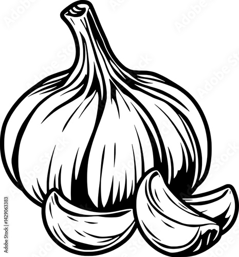 Detailed Line Art Illustration Of A Single Garlic Bulb And Cloves