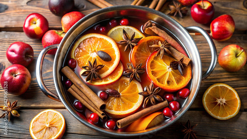 Pot of hot wassail cider with sliced fruits and spices, perfect for cozy winter dinners.