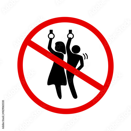A red circle with a diagonal line through it shows a man standing too close to a woman on public transport.