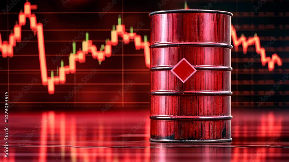 A chart with a red arrow and a black drop of oil and an oil barrel next to it. v1 A chart with a red arrow and a black drop of oil and an oil barrel next to it. v1