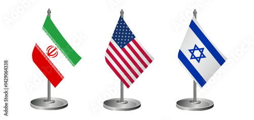 Table Flags of Iran, USA, and Israel on White Background – Symbol of Complex Diplomatic Relations and Geopolitical Tensions