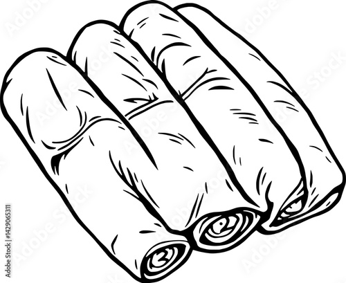 Three Rolled Spring Rolls Line Art Illustration