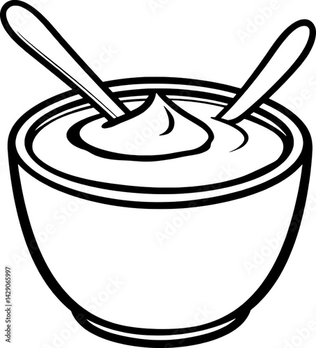 Creamy Dessert in Bowl with Spoons A Simple Line Drawing
