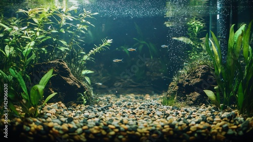 A biotope aquarium replicating a real river environment. photo