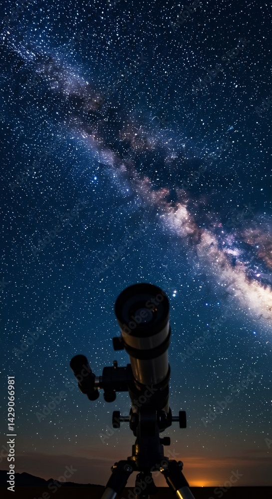 Naklejka premium Telescope pointing at milky way galaxy in starry night sky. Astronomy equipment for space observation. Astrophotography and celestial exploration concept