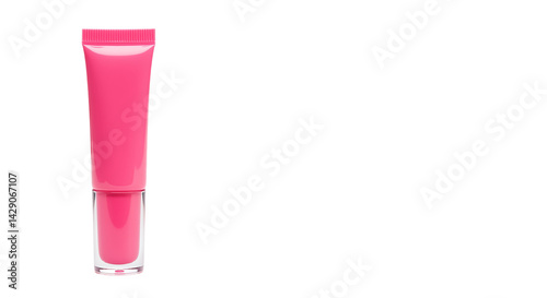 A single tube of bright pink lip gloss with a clear base against a stark black background image view