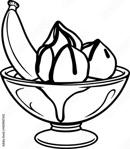 Banana And Ice Cream Sundae In Glass Bowl Line Art Drawing