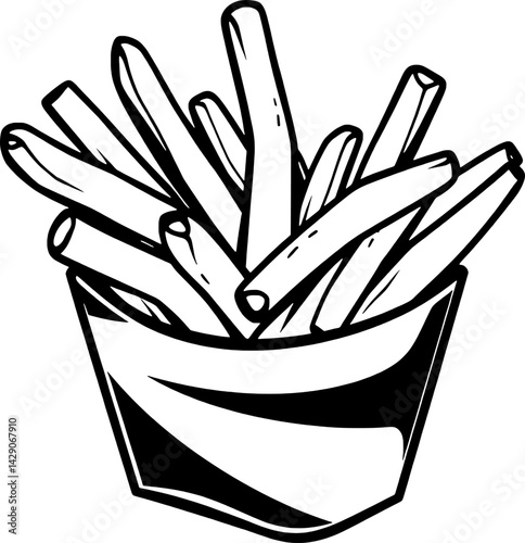 Crispy French Fries in a Paper Carton A Simple Line Drawing