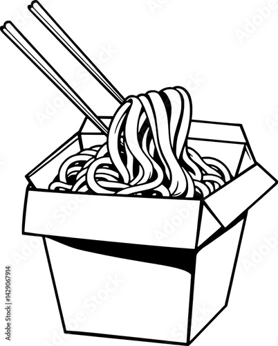 Noodles in Takeout Container with Chopsticks Asian Cuisine Illustration