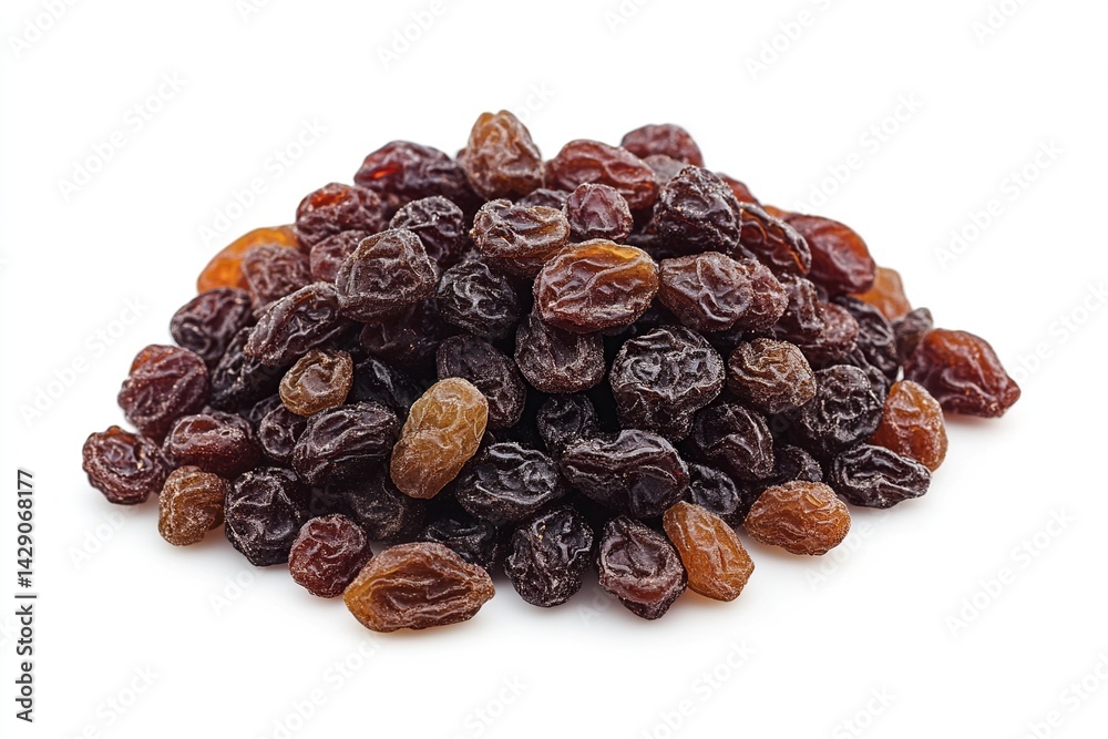 A close-up view of a pile of assorted raisins on a white background, showcasing their rich textures A close-up view of a pile of assorted raisins on a white background, showcasing their rich textures