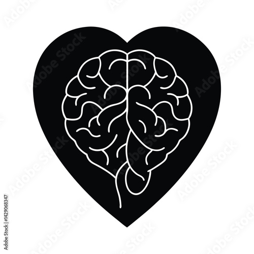 Silhouette of a heart with a brain outline inside on white background