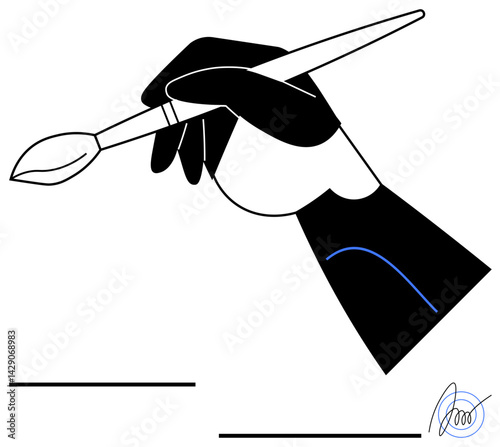 Black-and-white hand holding a paintbrush symbolizes artistry, creation, and painting. Ideal for design, creativity, innovation, education, art therapy imagination and hobbies. Flat simple metaphor
