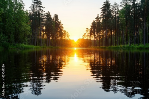 A tranquil sunset reflecting on a serene lake surrounded by tall trees, creating a picturesque natural landscape.