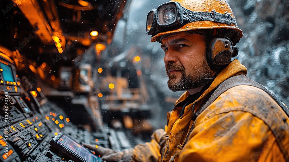 Fototapeta premium miner operator control with computer tablet drilling machine in coal mine concept smart industrial mining