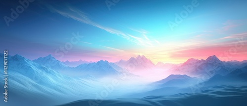 A serene mountain landscape at dawn, featuring soft pastel colors and a misty atmosphere that enhances the tranquil beauty of nature.