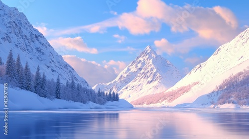 A serene winter landscape featuring snow-covered mountains and a calm, reflective lake under a pastel sky.