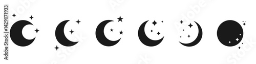 Decorative black moon shapes with stars - vector isolated on white.