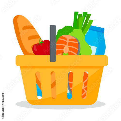 Shopping basket with groceries. Cart with goods. Vector food basket isolated on white.