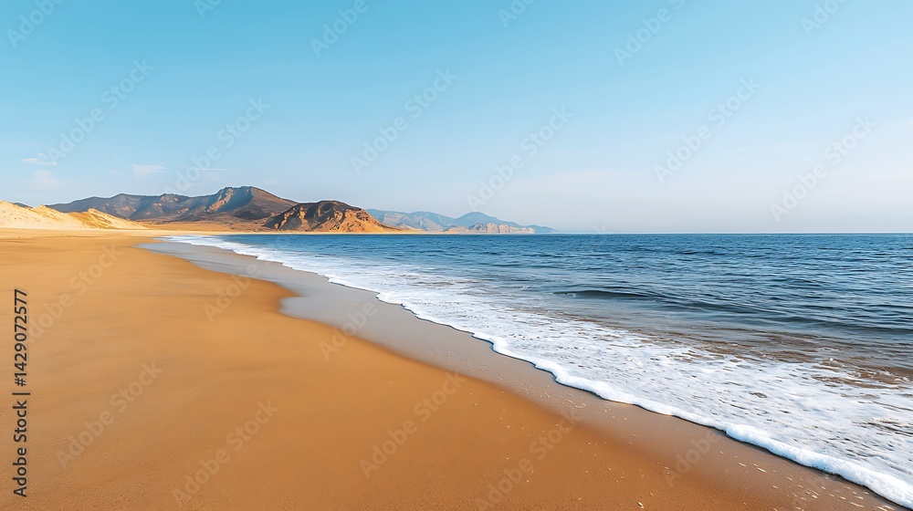 Fototapeta premium Serene Beach Landscape Featuring Gentle Waves, Golden Sand, and Distant Mountains Under a Clear Blue Sky.