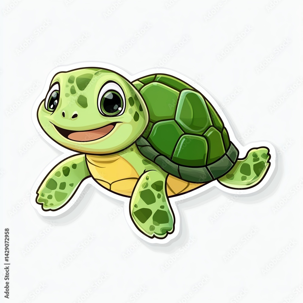Fototapeta premium Playful cartoon turtle sticker underwater scene digital art vibrant colors fun concept for kids