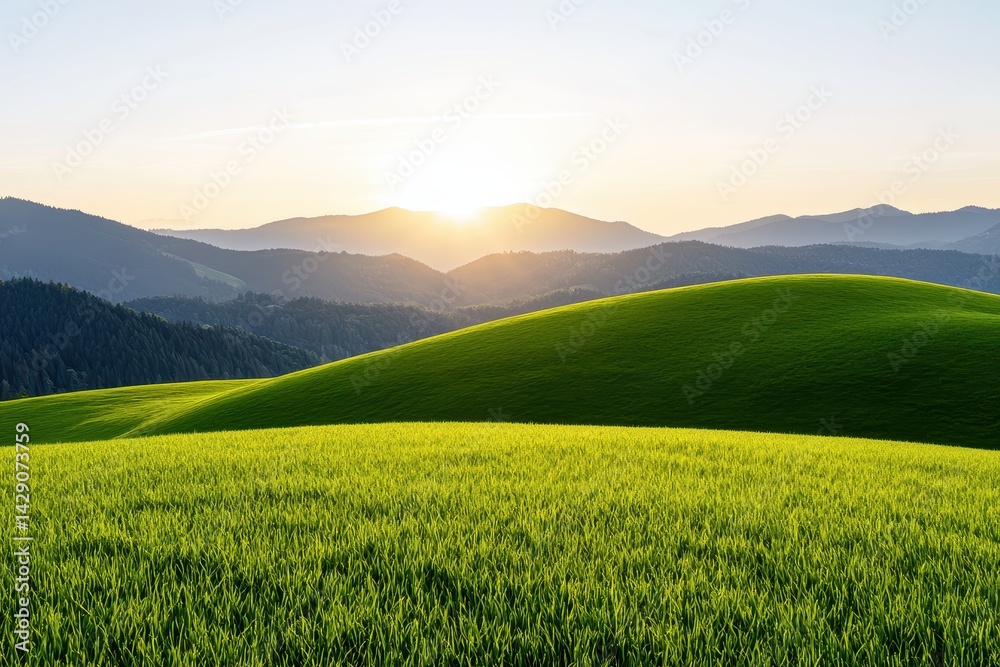 Fototapeta premium A serene landscape featuring rolling green hills, bathed in warm sunlight, with distant mountains under a clear sky.