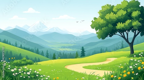 Serene landscape featuring a winding path through vibrant meadows and distant mountains