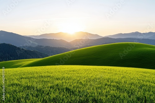 A serene landscape featuring rolling green hills, bathed in warm sunlight, with distant mountains under a clear sky.