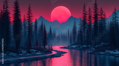 Serene twilight landscape featuring a vibrant pink moon over a tranquil river, surrounded by pine trees and mountains