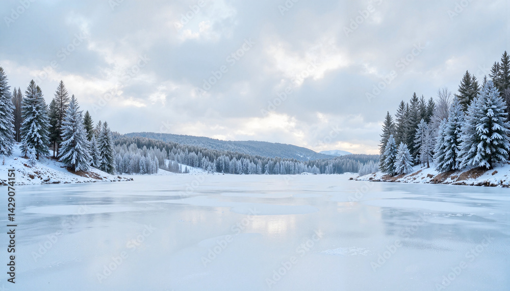 Obraz premium Winter Landscape with Snow-Covered Trees and Frozen Lake 