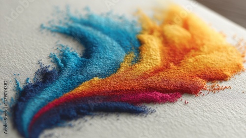 Abstract image of vibrant blue, teal, orange, and red powder pigments dispersed on a white textured surface. Close up view.