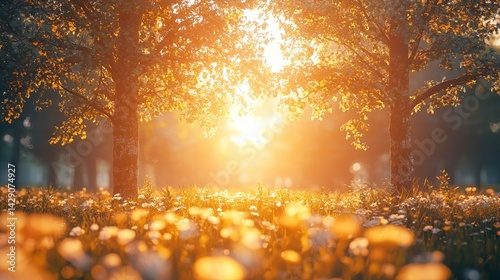 A serene landscape featuring trees illuminated by golden sunlight, surrounded by blooming flowers, creating a peaceful and warm atmosphere.