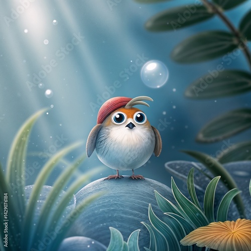 Cartoon bird wearing a hat watching bubbles in a forest  