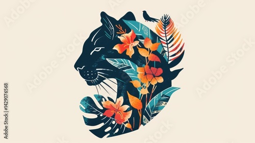 a minimalistic brand inspired in a puma composed by shapes of forest as birds leads and flowers photo