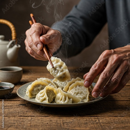 A close-up shot focuses on a pair of hands interacting with a plate of steaming dumplings on a rustic wooden table. The hands, belonging to an older Asian man with wrinkles