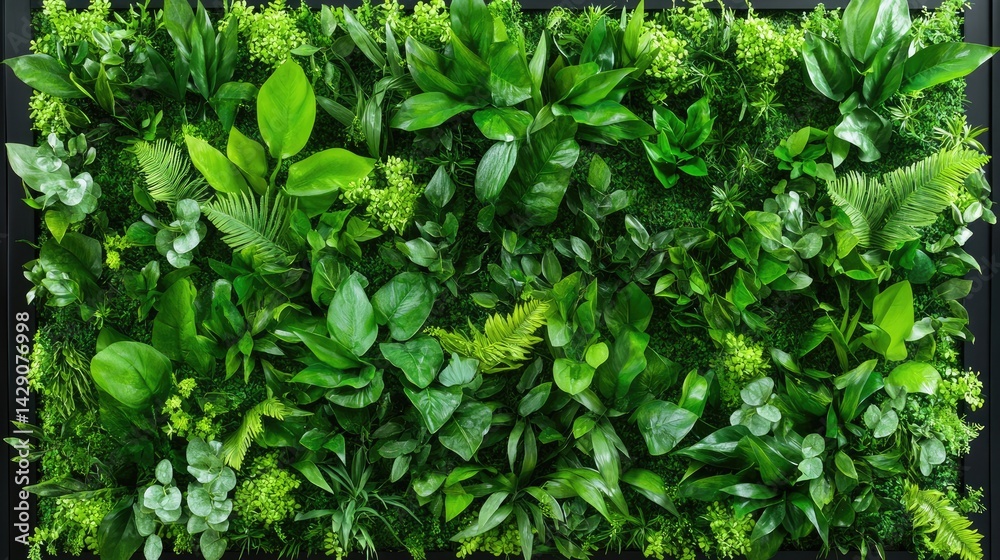Lush vertical green wall with a mix of leaves and floral accents, perfect natural texture for design backgrounds Lush vertical green wall with a mix of leaves and floral accents, perfect natural texture for design backgrounds